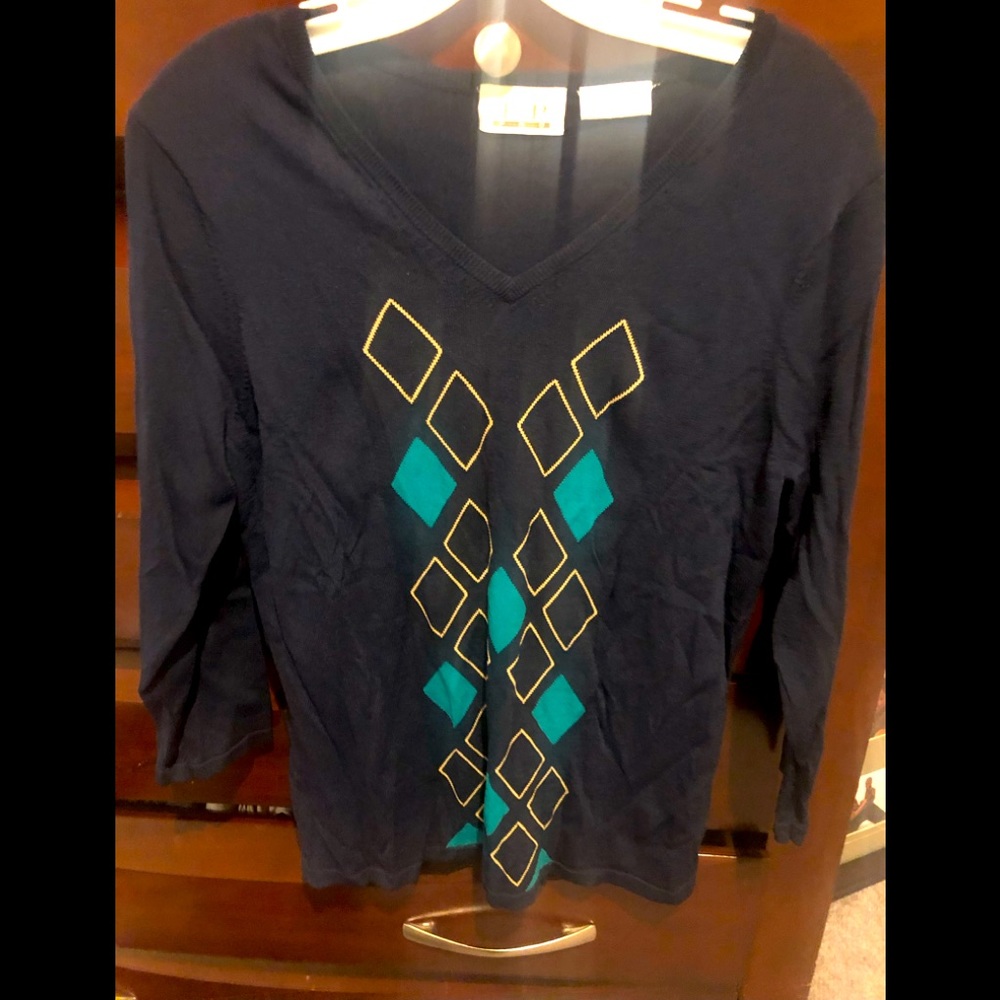 EP Pro Navy Blue V-Neck Sweater with Teal and Gold Argyle